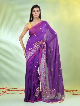 CHARUKRITI - Purple Floral Embroidery Cotton Saree with Unstitched Blouse