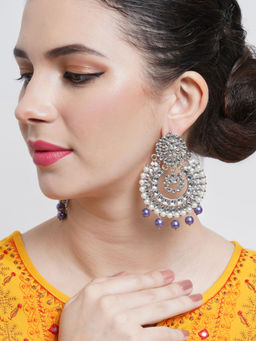 Karatcart - Violet Pearl Oxidised Silver Kundan Chandbali Earrings