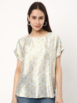 R&B - Women Off White Floral Print Round Neck Half Sleeves Top
