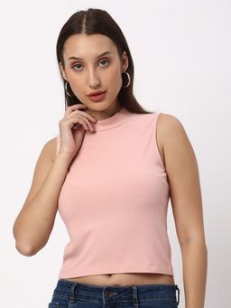 R&B - Women Pink Solid Design High Neck Sleeveless Crop Top