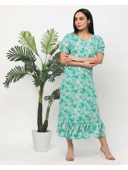 R&B - Women Green Nature Print V-Neck Half Sleeves A-Line Midi Dress