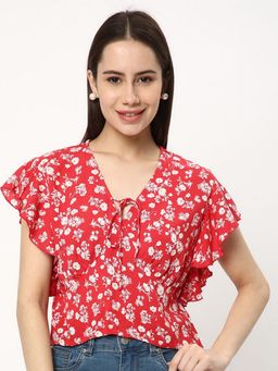 R&B - Women Red Floral Print Tie Up Neck Half Sleeves Crop Top