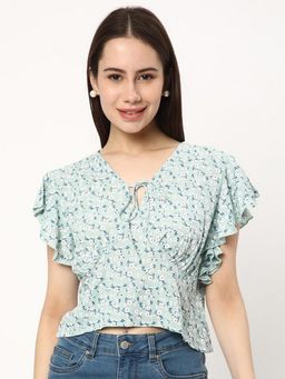 R&B - Women Green Floral Print V-Neck Half Sleeves Crop Top
