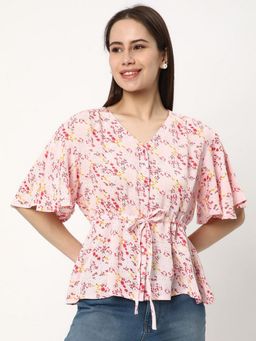 R&B - Women Pink Floral Print V-Neck Half Sleeves Top