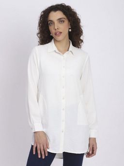 R&B - Women Off White Solid Collar Neck Full Sleeves Shirt