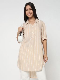 R&B - Women Beige Stripes Collar Neck Three Fourth Sleeves Tunic