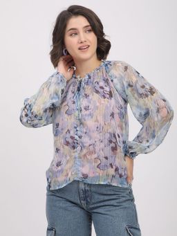 R&B - Women Blue Floral Print Tie Up Neck Full Sleeves Top