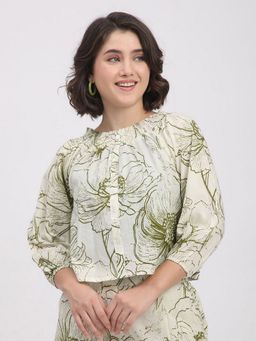 R&B - Women Green Floral Print Cowl Neck Three Fourth Sleeves Top
