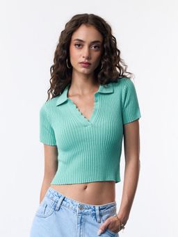 The Souled Store - Teal Women Knit Ribbed Crop-Top