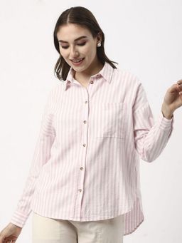 R&B - Women Pink Stripes Collar Neck Full Sleeves Shirt