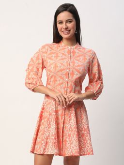 R&B - Women Coral Geometric Print Three Fourth Sleeves Mandarin Collar Dress