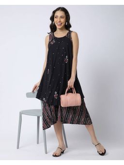 R&B - Women Black Ethnic Print Round Neck Sleeveless A-Line Midi Dress