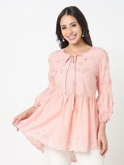 R&B - Peach Women Embroidered Three Fourth Sleeves Tunic