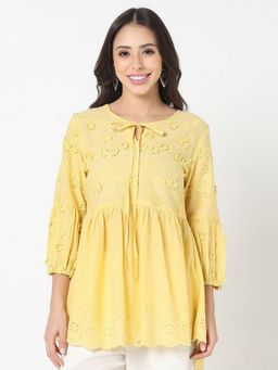 R&B - Yellow Women Embroidered Three Fourth Sleeves Tunic