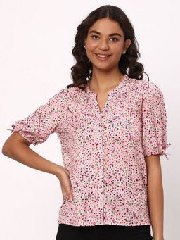 R&B - Women Pink Abstract Mandarin Neck Half Sleeves Shirt