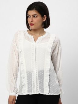 R&B - Women Ivory Self Design Mandarin Neck Full Sleeves Top
