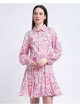 R&B - Women Pink Floral Print Collar Neck Full Sleeves Flared Mini Dress