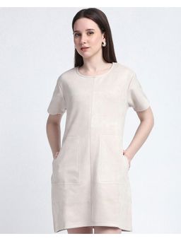 R&B - Women Beige Solid Crew Neck Half Sleeves T-Shirt Mini Dress