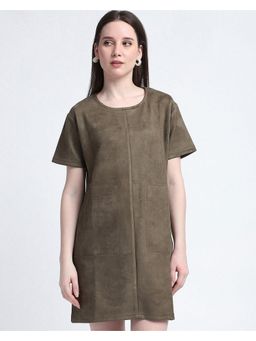 R&B - Women Olive Solid Crew Neck Half Sleeves T-Shirt Mini Dress