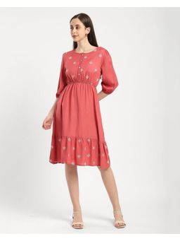 R&B - Women Coral Embroidered Round Neck Flared Knee Length Dress