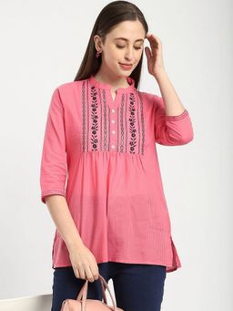R&B - Women Pink Embellished Mandarin Neck Three Fourth Sleeves Tunic