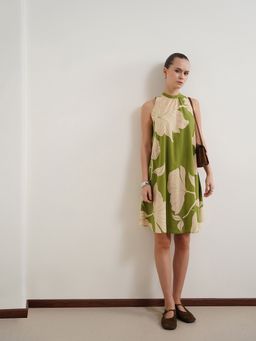 FABLE STREET - Green Viscose Floral A-Line Dress