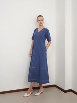 FABLE STREET - Blue Pure Cotton A-Line Dress