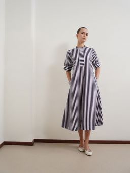 FABLE STREET - Navy Blue Pure Cotton Striped A-Line Dress
