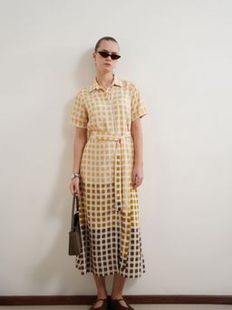 FABLE STREET - Yellow Viscose Checkered A-Line Shirt Dress With Belt