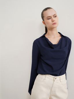 FABLE STREET - Navy Blue Viscose Cowl Neck Top