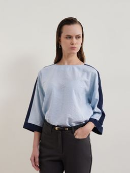 FABLE STREET - Light Blue Viscose Colour Blocked Boxy Top