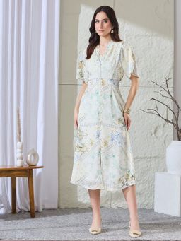 Latin Quarters - Women White Printed Half Sleeves V-Neck Casual A-Line Dress