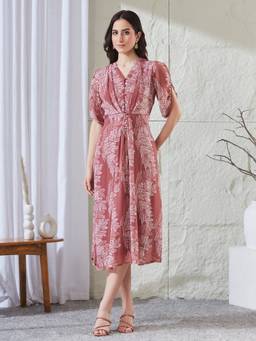 Latin Quarters - Women Pink Printed Half Sleeves V-Neck Casual A-Line Dress