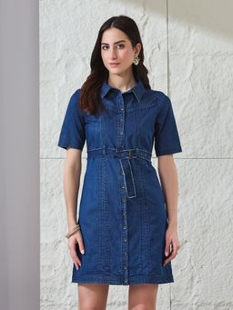 Latin Quarters - Women Navy Blue Solid Half Sleeves Collared Casual Shirt Dress With Belt