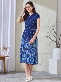 Latin Quarters - Women Navy Blue Printed Cap Sleeves Collared Casual Shirt Dress With Belt