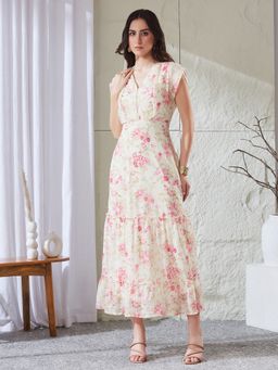 Latin Quarters - Women Off White Printed Cap Sleeves V-Neck Casual Fit And Flared Dress