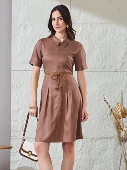 Latin Quarters - Women Brown Solid Half Sleeves Collared Casual A-Line Dress With Belt