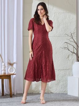 Latin Quarters - Women Maroon Lace Half Sleeves V-Neck Party Fit And Flared Dress
