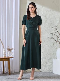 Latin Quarters - Women Green Solid Half Sleeves V-Neck Party A-Line Dress