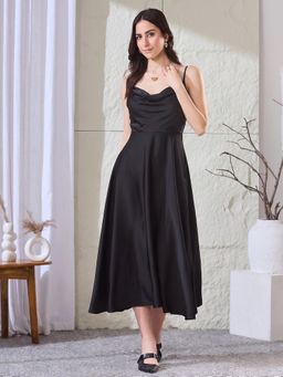 Latin Quarters - Women Black Solid Strappy Cowl Neck Party A-Line Dress