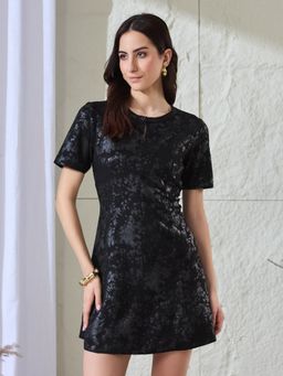 Latin Quarters - Women Black Half Sleeves Round Neck Casual Shift Dress