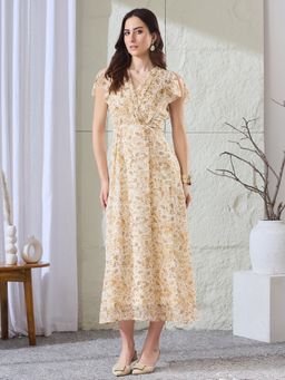 Latin Quarters - Women Beige Printed Short Sleeves V-Neck Casual Fit And Flared Dress