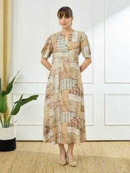 Latin Quarters - Women Beige Printed Half Sleeves Round Neck Casual A-Line Dress
