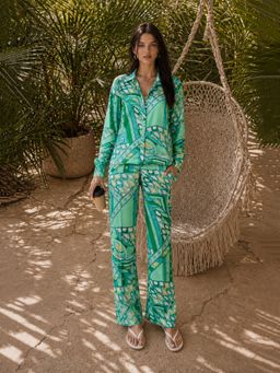 ZUMMER - Blue Satin Abstract Printed Co-Ord Set