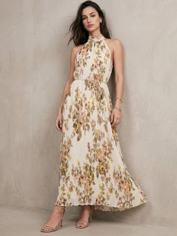 Outzidr - Beige Black Halter Neck Floral Printed Dress