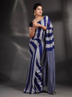 Arhi - Blue And Light Grey Pure Cotton Handwoven Saree with Unstitched Blouse