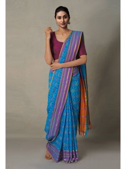 Unnati Silks - Blue Pure Hand Block Printed Mangalgiri Cotton Saree with Unstitched Blouse