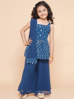 Titrit - Sleeveless Georgette Sequined Top & Palazzo with Dupatta Blue (Set of 3)