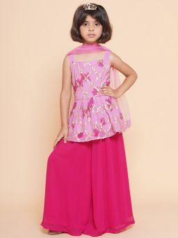 Titrit - Sleeveless Georgette Sequined Top & Palazzo with Dupatta Pink (Set of 3)