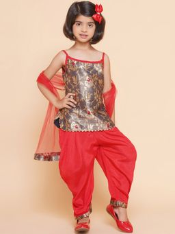 Titrit - Sleeveless Floral Kurti with Patiala and Dupatta Grey & Red (Set of 3)